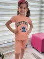 Somon Stitch Kısa Kollu Şortlu Çizgi Karakter Baskılı Kız Çocuk 2li Takım