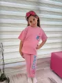 Pembe Stitch Kısa Kollu Taytlı Çizgi Karakter Baskılı Kız Çocuk 2li Takım