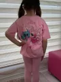 Pembe Stitch Kısa Kollu Taytlı Çizgi Karakter Baskılı Kız Çocuk 2li Takım