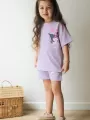 Lila Kuromi Kısa Kollu Şortlu Çizgi Karakter Baskılı Kız Çocuk 2li Takım