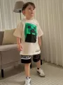 Bej Mine Craft Çizgi film Baskılı Alt Üst Erkek Çocuk 2li Takım