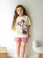 Bej Minnie Mouse Kısa Kollu Şortlu Çizgi Karakter Baskılı Kız Çocuk 2li Takım