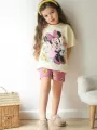 Bej Minnie Mouse Kısa Kollu Şortlu Çizgi Karakter Baskılı Kız Çocuk 2li Takım