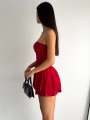 Straplez Sandy Kumaş Şortlu Prenses Etek Mini Kloş Elbise - Kırmızı