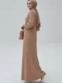 NEW Kahverengi  Fitilli Triko İkili Takım | Balon Kollu Uzun Hırka ve Elbise Seti