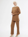 Uzun Kollu Organik Yıkanmış Kumaş Fitilli Pantolonlu Takım - Kahve