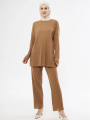 Uzun Kollu Organik Yıkanmış Kumaş Fitilli Pantolonlu Takım - Kahve