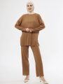 Uzun Kollu Organik Yıkanmış Kumaş Fitilli Pantolonlu Takım - Kahve