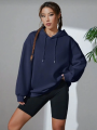 Kadın Uzun Kol Kapşonlu Basic Sweatshirt hoodie - Lacivert