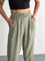 Velmora    Yüksel Bel Beli Bağcıklı Cepli Rahat Paça Pantalon - Su Yeşili -