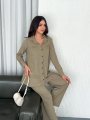 Velmora  Yakalı Düğmeli Uzun Kollu Gömlek Pantolon ikili Takım - Bej -