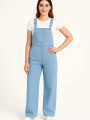 Velmora    Chambray Açık Mavi Denim Görünümlü Geniş Paça Salopet Tulum - Mavi -