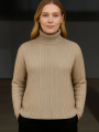 Velmora    Balıkcı Yaka Bağazlı Triko Kazak Pamuklu Kalın Fitilli Dokuma - Bej