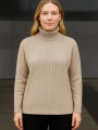 Velmora    Balıkcı Yaka Bağazlı Triko Kazak Pamuklu Kalın Fitilli Dokuma - Bej