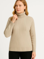 Velmora    Balıkcı Yaka Bağazlı Triko Kazak Pamuklu Kalın Fitilli Dokuma - Bej