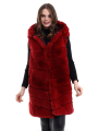 Velmora    Kapşonlu Peluş Kürk Yelek Premium Kalite, Tam Astarlı, Uzun Model - Kırmızı