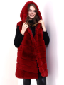 Velmora    Kapşonlu Peluş Kürk Yelek Premium Kalite, Tam Astarlı, Uzun Model - Kırmızı