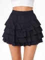 Velmora Premium Siyah Katlı Mini Fırfıtlı Etek Lastikli Yüksel Bel, Volanlı Tasarım, Rahat Kalıp, Günlük ve Şık Kombinelere Uygun Yazlık Etek - Siyah