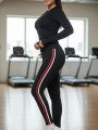 Kadın Likralı Penye Yanı Kırmızı Beyaz Şeritli Dar Kalıp Spor Tayt - Siyah