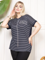 Kadın Büyük Beden Çizgili Taş Detaylı Kısa Kollu Likralı Viskon Tişört - Lacivert