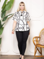 Kadın Desenli Püsküllü Viskon Bluz Bebe Yaka Kısa Kollu Big Size Rahat Kesim - Desenli