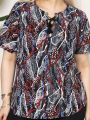 Kadın Desenli Püsküllü Viskon Bluz Bebe Yaka Kısa Kollu Big Size Rahat Kesim - Desenli