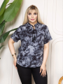 Kadın Desenli Püsküllü Viskon Bluz Bebe Yaka Kısa Kollu Big Size Rahat Kesim - Desenli