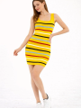 Mivlo Sarı Kadın Kare Yaka Midi Boy Likralı Polelit Elbise