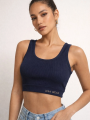 Fitilli Baskılı Kadın Crop Bluz - Lacivert