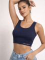 Fitilli Baskılı Kadın Crop Bluz - Lacivert