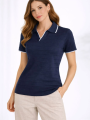 Lacivert Kadın Polo Yaka Fitilli Triko Tişört - Regular Fit Kısa Kollu Örme Bluz