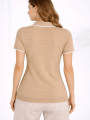 Bej Kadın Polo Yaka Fitilli Triko Tişört - Regular Fit Kısa Kollu Örme Bluz