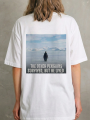 Kadın Oversize Tişört - Sırt Baskılı Survivor Penguin Temalı, Felsefi Yazılı Bisiklet yaka Tişört - Beyaz