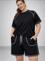 Kadın Battal Beden Kısa Kollu Tişört Şort Takım Kontrast Dikiş Detaylı Günlük Ev Giyimi - Siyah