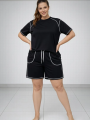 Kadın Battal Beden Kısa Kollu Tişört Şort Takım Kontrast Dikiş Detaylı Günlük Ev Giyimi - Siyah