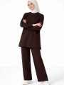 Osy Modal yumuşak dokulu Kumaş Tesettür Cepli Tunik Pantolon Takım - Kahverengi
