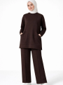 Osy Modal yumuşak dokulu Kumaş Tesettür Cepli Tunik Pantolon Takım - Kahverengi