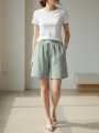 Kadın Pötikareli Şort – Beli Lastikli Bağcıklı, Cepli, Rahat Kesim Günlük Yazlık Şort - Mint Yeşili