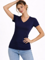 Kadın T-Shirt V Yaka Slim Fit Likralı Tişört Günlük Basic Body - Lacivert