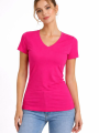 Kadın T-Shirt V Yaka Slim Fit Likralı Tişört Günlük Basic Body - Pembe