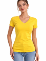 Kadın T-Shirt V Yaka Slim Fit Likralı Tişört Günlük Basic Body - Sarı