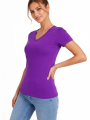 Kadın T-Shirt V Yaka Slim Fit Likralı Tişört Günlük Basic Body - Mor