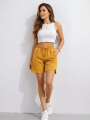 Kadın Dokuma otoban Şort Beli Lastikli Bağcıklı, Cepli, Rahat Kesim Günlük Yazlık Şort - Hardal