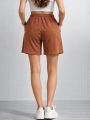 Kadın Dokuma otoban Şort Beli Lastikli Bağcıklı, Cepli, Rahat Kesim Günlük Yazlık Şort - Kahverengi