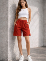 Kadın Dokuma otoban Şort Beli Lastikli Bağcıklı, Cepli, Rahat Kesim Günlük Yazlık Şort - Turuncu