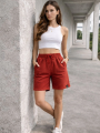Kadın Dokuma otoban Şort Beli Lastikli Bağcıklı, Cepli, Rahat Kesim Günlük Yazlık Şort - Turuncu
