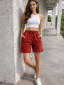 Kadın Dokuma otoban Şort Beli Lastikli Bağcıklı, Cepli, Rahat Kesim Günlük Yazlık Şort - Turuncu