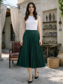 Kadın 90 Cm Saten Kumaş Pliseli Midi Etek Şık ve Zarif Tasarım - Çağla Yeşili