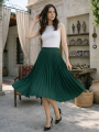 Kadın 90 Cm Saten Kumaş Pliseli Midi Etek Şık ve Zarif Tasarım - Çağla Yeşili
