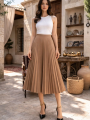 Kadın 90 Cm Saten Kumaş Pliseli Midi Etek Şık ve Zarif Tasarım - Kahverengi